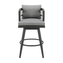 Armen Living Zella Outdoor Patio Swivel Bar Stool in Aluminum with Light Gray Rope and Earl Gray Cushions