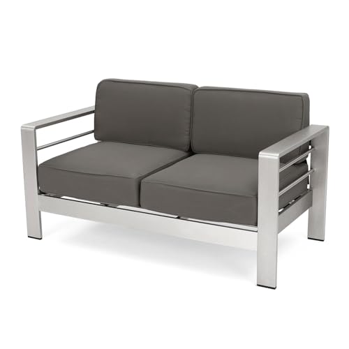 SRECELL Aluminum Patio Loveseat Outdoor Couch 2 Seat with 6 Inch Cushions, Heavy Duty Metal Frame Garden Sofa for Porch Deck Balcony, Water-Resistant Fabric, 600 Lbs Capacity