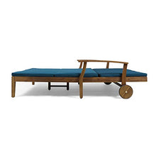Christopher Knight Home Samantha Double Chaise Lounge for Yard and Patio, Acacia Wood Frame, Teak Finish with Blue Cushions