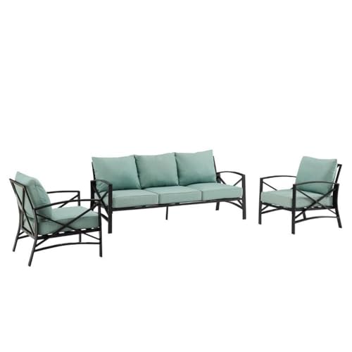 Afuera Living 3-Piece Outdoor Sofa Set, Mist Green Polyester Cushions, Bronze Steel Frame, Weatherproof Patio Furniture, Seats 5, Sofa and 2 Chairs, Removable Cushion Covers, Transitional Style