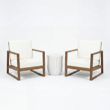 Christopher Knight Home Nyla 3-Piece Acacia Wood Lounge Chair Outdoor Set of 2 and MGO Round Side Table, Patio Accent Chairs with Cushions, Outdoor Patio Furniture Set, Antique White+Teak+Beige