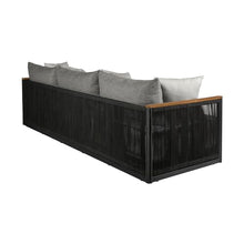 Armen Living Artesia Outdoor Patio Sofa in Teak Wood and Black Rope with Dark Gray Olefin Cushions