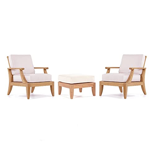 WholesaleTeak Lagos 3 Pc Lounge Chair Set: 2 Lounge Chairs & Ottoman with Cushions in Outdoor Fabric #57003 Canvas White #12LG3