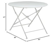 Pemberly Row 36" Folding Metal Bistro Table, White Finish, Round Design with 2" Umbrella Hole, Powder Coated Durable Metal, Space-Saving Outdoor Patio Table for Dining or Leisure Use