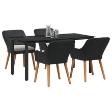 hliofuir 5 Piece Garden Dining Set with Cushions, Black Poly Rattan Patio Furniture Set for 4, Modern Wicker Dining Table and Chairs with Tempered Glass for Backyard and Terrace
