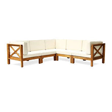 Christopher Knight Home Outdoor Acacia Wood 5 Seater Sectional Sofa Set with Water-Resistant Cushions, Teak and Beige