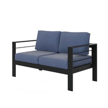 Seeheool 50" All-Weather Aluminum Patio Loveseat with Thick Blue Cushions & Black Frame