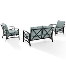 Afuera Living 3-Piece Outdoor Sofa Set, Steel Metal Frame, Oil Rubbed Bronze Finish, Mist Green UV-Proof Cushions, Includes Loveseat and 2 Chairs, Weatherproof Patio Conversation Furniture Set