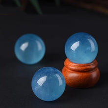 FOTCFATEV Aquamarine Crystal Sphere Blue Gemstone Ball Sculpture Figurine with Wooden Stand for Home Decoration Fengshui,26mm