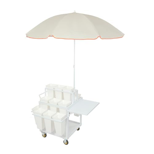 Flower Cart Vending Cart, 3-Tier Outdoor Rolling Display Stand with Wheels, 18 Buckets, Umbrella, Foldable Shelf, Retail Booth Kiosk for Florist, Patio Garden, Business Market (White)