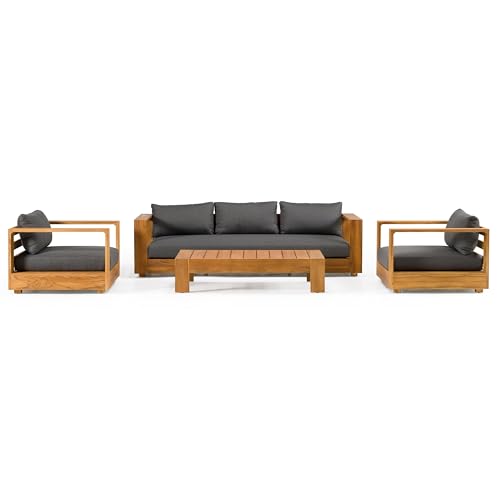Santorini Outdoor Grey Olefin Fabric & Natural Teak Sofa Set
