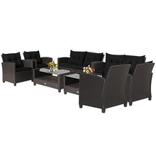 8 PCS Patio Rattan Furniture Set Glass Table Shelf Sofa Cushion Black