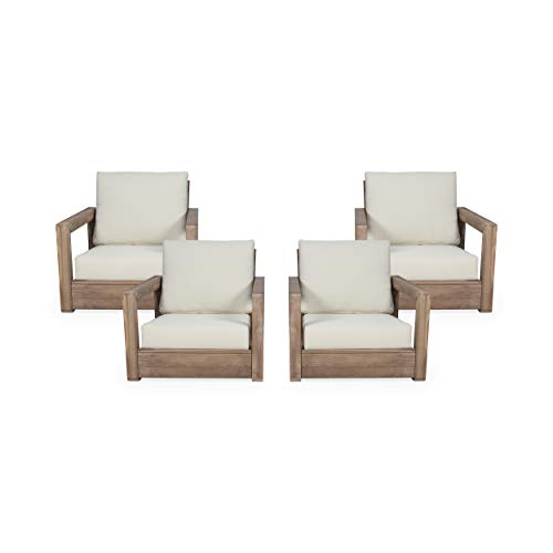 Christopher Knight Home Wayne Outdoor Acacia Wood Club Chairs (Set of 4), Brown and Beige