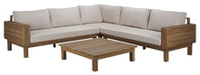 SAFAVIEH Outdoor Patio Furniture Collection - Napoli Oak Brown & Cream Solid Wood 4-Piece Sectional Sofa Set with Coffee Table, Durable Cushions, Modern Outdoor Seating (PAT6806B)