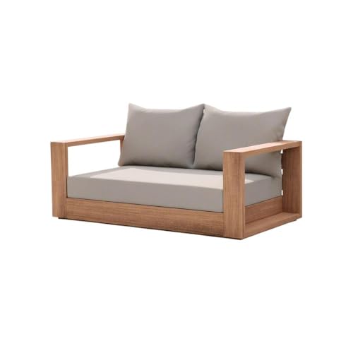 Outdoor Escape Gray Fabric Loveseat with Pillow, Contemporary Style, Teak Finish, Cushioned, Weather-Resistant, Patio, Garden Use