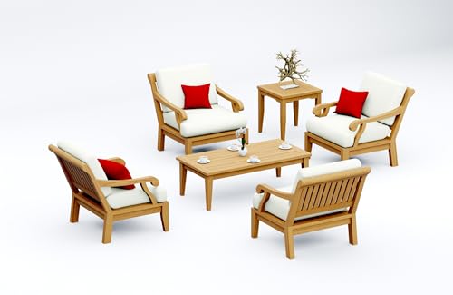 TeakStation 6 Pc Teak Wood Lounge Chair Set: 4 Lounge Chairs, Coffee Table & Side Table with Cushions in Outdoor Sunbrella Fabric #5404 Canvas Natural