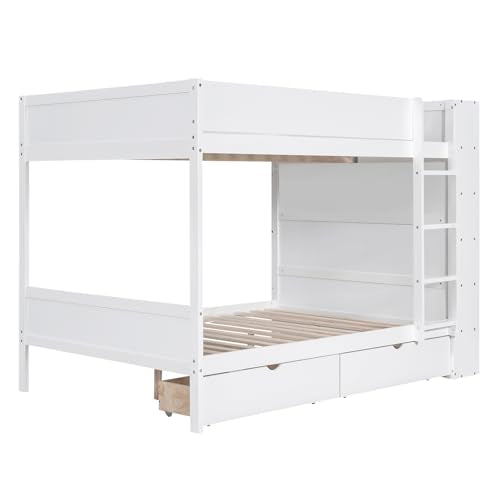 Acosure Full Over Full Bunk Bed with Storage Drawers & Cabinet White