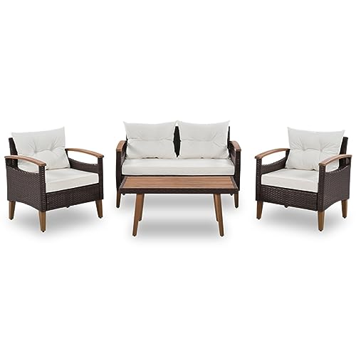 YWMLFZ 4-Piece Garden Furniture, Patio Seating Set, PE Rattan Outdoor Sofa, Wood Table and Legs