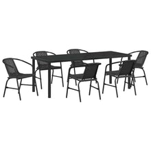LKJephalotrope 7 Piece Patio Dining Set, 6 Person Outdoor Table and Chairs with Tempered Glass Top, Black Powder-Coated Steel Frame and Poly Rattan Garden Furniture Set