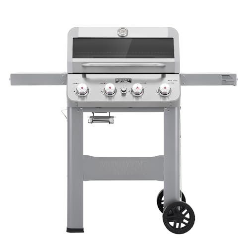 Monument Grills 4-Burner Liquid Propane Gas Grill, Silver Stainless Steel Grill Outdoor Patio Garden Barbecue Grill with Clearview® Lid and One Foldable Shelf, Mesa400MF