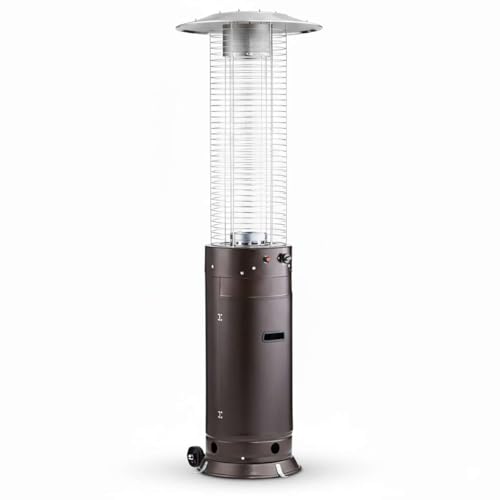 46,000 BTU Bronze Round Commercial Propane Outdoor Patio Heater with Glass Flame Tube and Protective Mesh – Freestanding Steel Design with Wheels for Patio, Deck, Restaurant, Poolside, Events