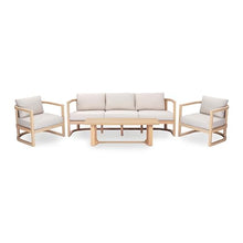 Merax 4 Piece Rattan Woven Paito Conversation Set, All-Weather Acacia Wood 3 Seater Sofa,2 Club Armchairs with Cushions, 1 Coffee Table for Porch, Lawn, Backyard, Balcony, Light Teak