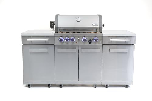 Mont Alpi Premium 70"W x 24"D x 46"H Stainless Steel Compact Outdoor Kitchen Island with 32"W 4-Burner BBQ Grill + Rotisserie Infrared Rear Burner + Storage Cabinets + Granite Countertops + Tool Hooks