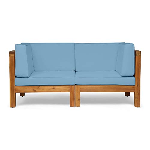 Christopher Knight Home Brava Outdoor Modular Acacia Wood Loveseat with Cushions, Teak and Blue
