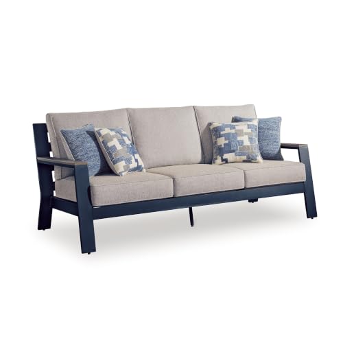 Beco Outdoor 3-Seater Sofa w 4 Pillows, Beige, Navy Blue Nuvella, 83 Inch