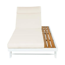 Merax 4 piece White Iron Teak Finish Chaise Lounge Set with 4" Thick 4-Fold Cushion with Headrest, 400 lbs Capacity, Adjustable Backrest with Flat Storage Surface for Patio, Poolside, Backyard, Cream