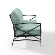 Afuera Living Outdoor Sofa, Metal Frame with Mist Green Polyester Cushions, Oil Rubbed Bronze Finish, Weatherproof, Comfortable Seating for 3, 79 in Wide Patio Couch, Balcony or Porch Furniture