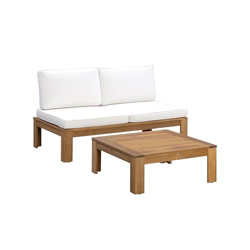 Teamson Home 2-Piece Outdoor Sectional Sofa Set, Natural Finish | Modular Acacia Wood Frame, Chaise Lounge Convertible, Weather-Resistant Cushions