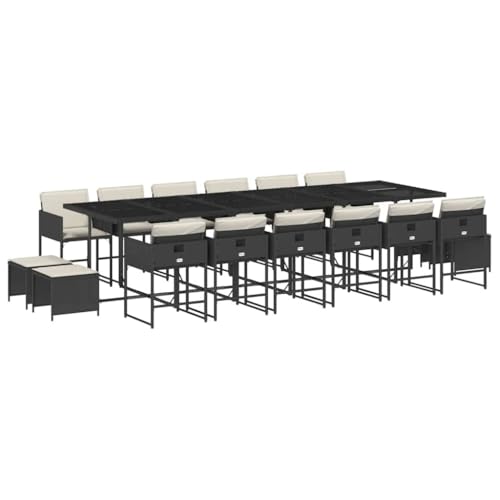 Coespram 17-Piece Garden Dining Set, Black PE Rattan Outdoor Table and Chairs for 16, Large Patio Furniture Set with 12 High-Back Chairs, 4 Stools, Tempered Glass Top, and Cream White Cushions