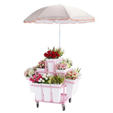 Mobile Rolling Metal Flower Cart Stand with 18 Buckets Umbrella Vendor Rack for Market Wedding Garden Decor