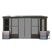 12x14FT Sunroom, Outdoor Permanent Wall Mounted Solarium with Detachable Polycarbonate Windows, Aluminum Sun Room with 2 Lockable Sliding Doors, All Season Lean to Gazebo for Deck, Patio