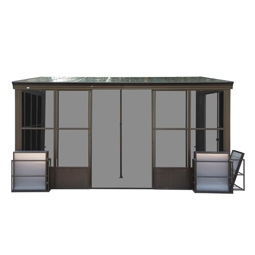 ANTSKU 12x14FT Outdoor Permanent Wall Mounted Sunroom with Detachable Polycarbonate Windows, Aluminum Gazebo, Dark Brown