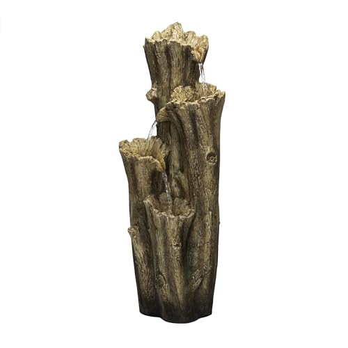 Alpine Corporation TZL268 47" Outdoor 3-Tier Tree Bark Water Fountain with LED Lights for Gardens, Patios, and Yards, Brown