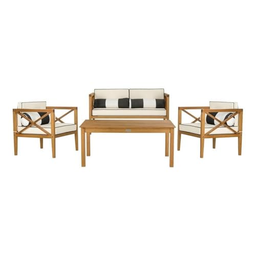 Safavieh PAT7031A Collection Nunzio Teak and White and Navy 4 Pc Accent Pillows Outdoor Set