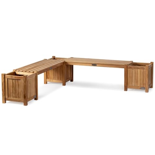 Ash & Ember Grade A Teak Planter Bench Set, 20" Seating Height, 3 Planter Boxes, 2 Bench Seats, L-Shaped Planter Bench, Weather-Resistant Premium Teak Wood Furniture, Outdoor Patio Bench