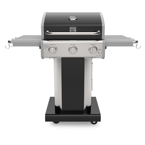 Kenmore 3-Burner Propane BBQ Grill, 30,000 BTUs Gas Grill with Cast Iron Cooking Grates, Folding Side Tables & Wheels, Outdoor Grill with Tool Hooks, Black