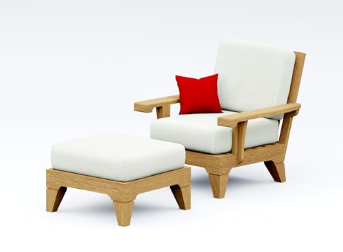 TeakStation 2 Pc Teak Wood Lounge Chair Set: Lounge Chair & Ottoman with Cushions in Outdoor Sunbrella Fabric #5404 Canvas Natural
