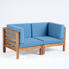 Spollowe 2 Piece Love Seat Set Acacia Wood Frame with Water Resistant Cushions for Patio Garden Blue