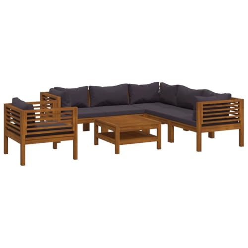 Jkghdrt 7-Piece Modular Acacia Wood Lounge Set with Removable Dark Grey Cushion Covers for Outdoor Relaxation and Flexible Seating Arrangements