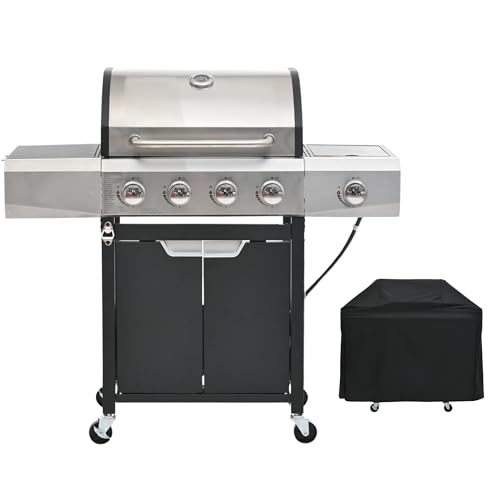 4 Burner Propane Gas Grill 51,000 BTU Stainless Steel Barbecue Grill with Side Burner and Cover Portable Outdoor BBQ Grill Flame Regulator and Steel Wire Insulation Frame for Patio Garden Camping