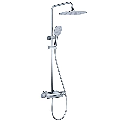 NUHSLF Bathroom Outdoor Shower Fixtures, Wall Mounted Thermostatic Rain System with Rainfall Head, 3-Function Handheld and Rotatable Waterfall Tub Spout,Chrome (Cromo)