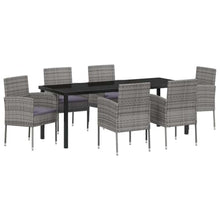 VGLQNRPT 7 Piece Poly Rattan Garden Dining Set, Patio Furniture with Tempered Glass Table and 6 Cushioned Chairs, Outdoor Seating for Backyard and Garden, Grey