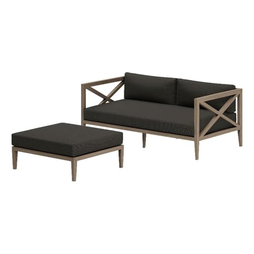 Modway Northlake Teak Outdoor Loveseat and Ottoman Set in Weathered Flint Gray – 2-Piece Outdoor Furniture Set with Weather-Resistant Cushions