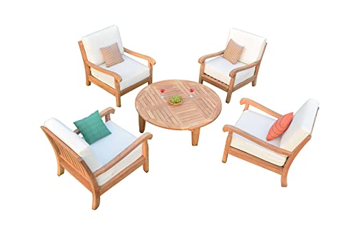 WholesaleTeak Napa 5 Pc Lounge Chair Set: 4 Lounge Chairs & 46" Sack Round Coffee Table with Sunbrella Cushions 57003 Canvas White, #12NP5