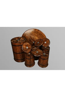 SODEF Barrels Bistro Set Beech Wood Walnut Finish 4 Chairs & Barrel Table Country Style Balcony Furniture - Walnut