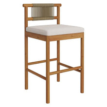 Modway Eleni Set of 2 Outdoor Teak Wood Bar Stools with Rope Backrests in Natural Sail - Patio Bar Chairs with Sunproof Foam Cushions